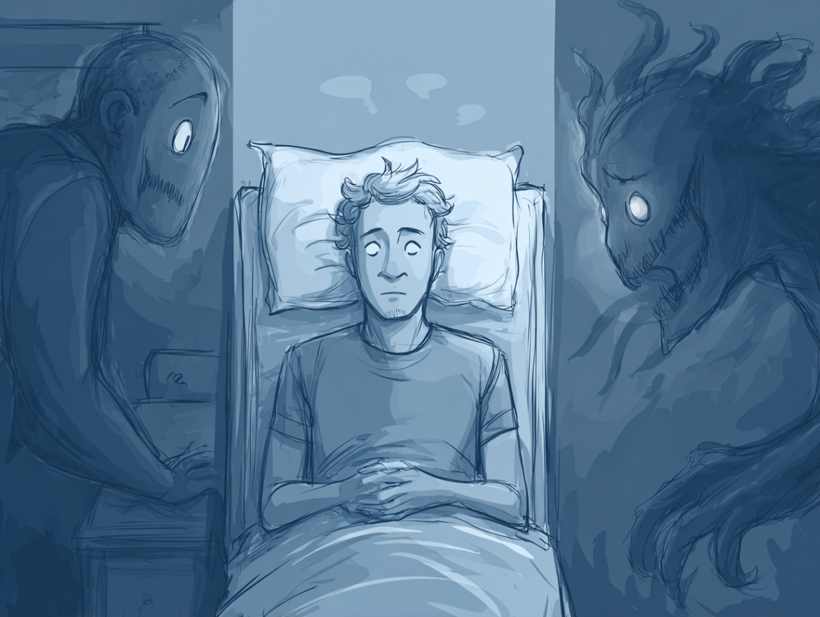 Una ilustración de las diferentes alucinaciones de la parálisis del sueño: un intruso, presión en el pecho y una sensación de flotar.