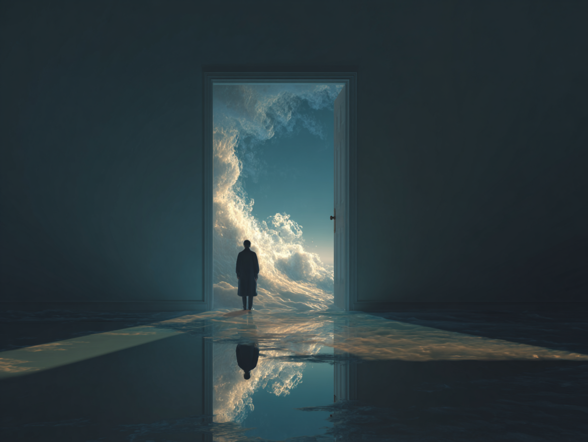 Una persona de pie frente a una puerta brillante que se abre a un paisaje onírico, simbolizando la entrada al mundo de los sueños lúcidos.