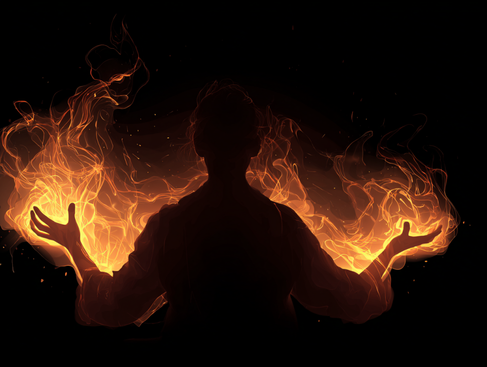 Una persona extendiendo sus manos y controlando una llama de fuego entre ellas, simbolizando el dominio sobre la pasión y la ira.