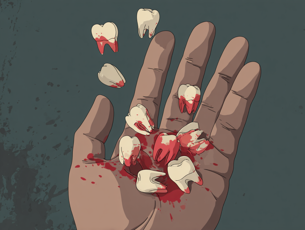 Una mano abierta sosteniendo varios dientes caídos, algunos con sangre, simbolizando la pérdida de control en los sueños.