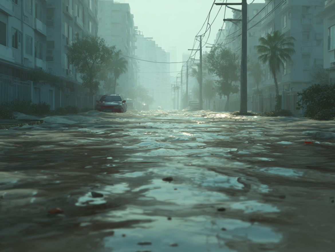 Una calle inundada con agua sucia y turbia, representando el sentimiento de estar abrumado en un sueño.