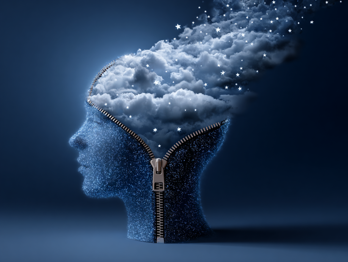Una cabeza con una cremallera abierta de la que se escapan nubes y estrellas, simbolizando la pérdida de los recuerdos de los sueños.