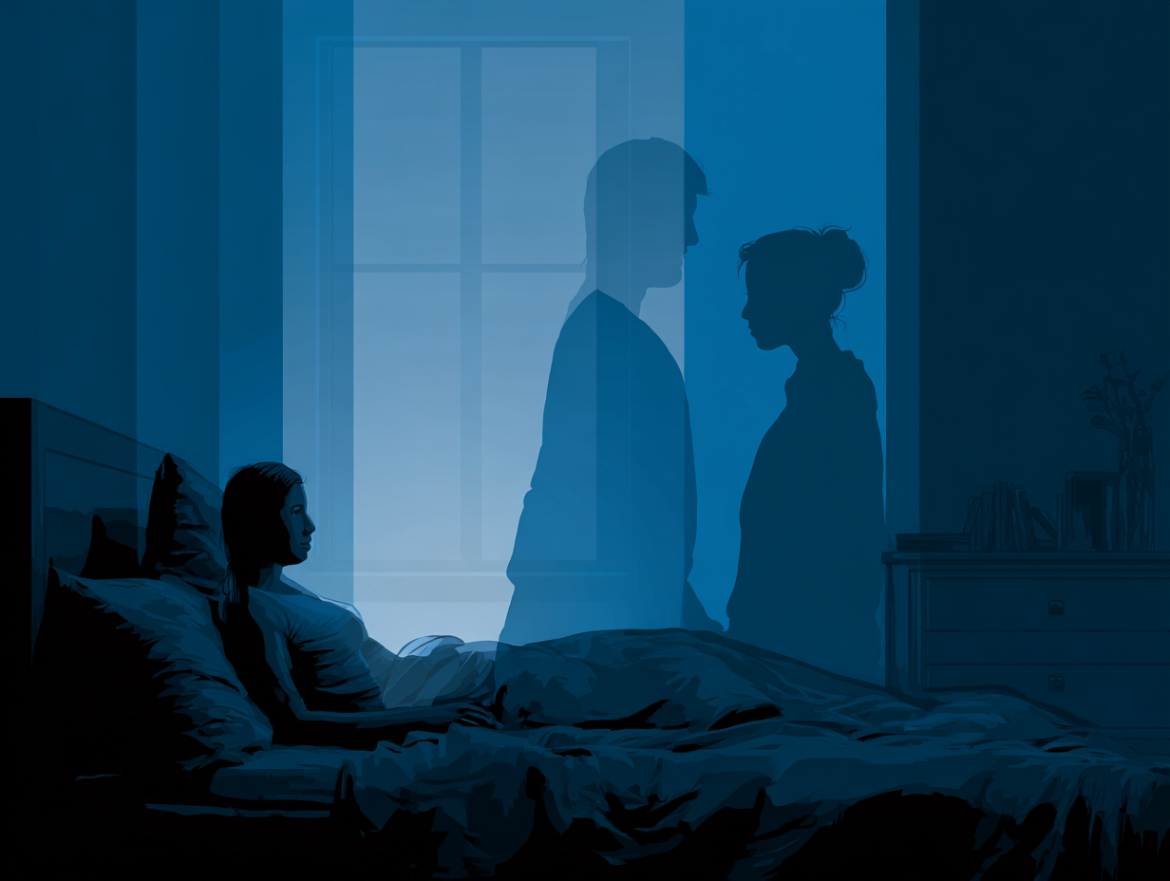 Una persona en la cama junto a su pareja actual, mientras la silueta de su ex aparece como un fantasma en la habitación, simbolizando los miedos proyectados.