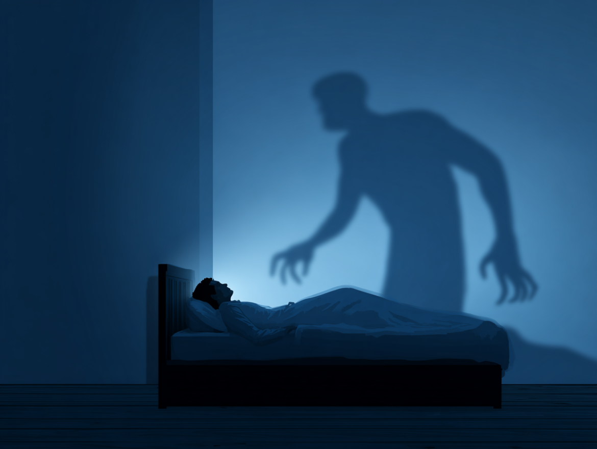 Una silueta de una persona acostada en la cama con una sombra amenazante en la pared, representando el terror de la parálisis del sueño.