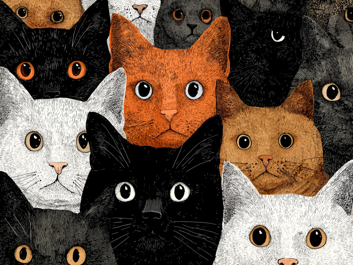 Un collage de gatos de diferentes colores: negro, blanco, gris y naranja, simbolizando la variedad de significados en los sueños.