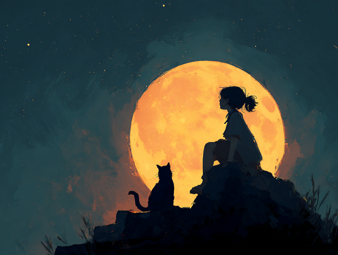 Una persona mirando a un gato misterioso bajo la luz de la luna, representando el significado de soñar con gatos.
