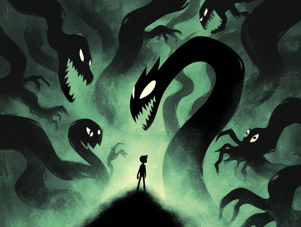 Varias figuras persiguiendo a una persona: una sombra, una serpiente, un monstruo, simbolizando los diferentes tipos de perseguidores en los sueños.