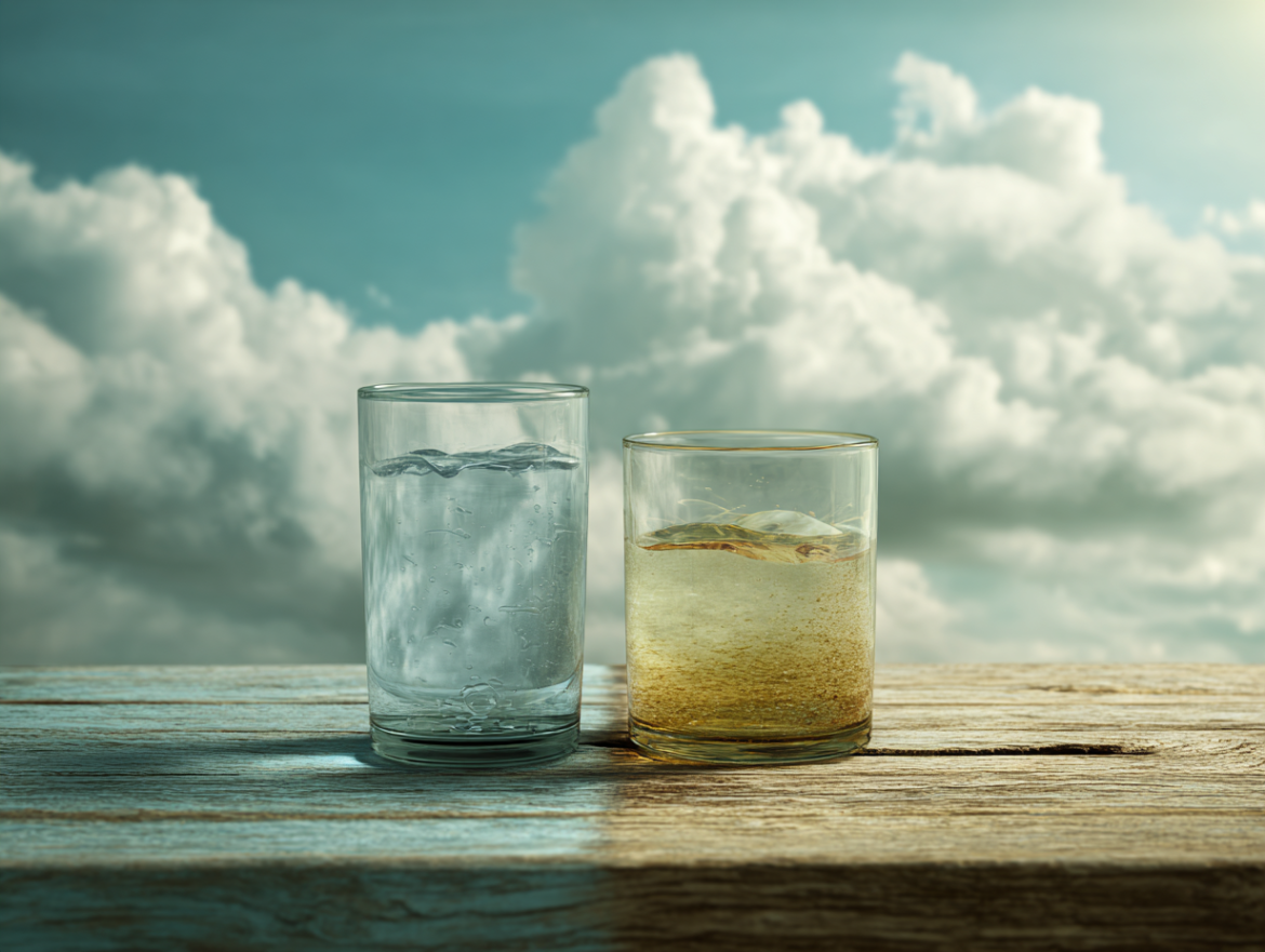 Un vaso de agua clara junto a un vaso de agua sucia y turbia, simbolizando la diferencia emocional en los sueños.