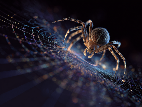 Una araña tejiendo una telaraña intricada con un fondo cósmico, simbolizando la dualidad de soñar con arañas: creación y trampas.