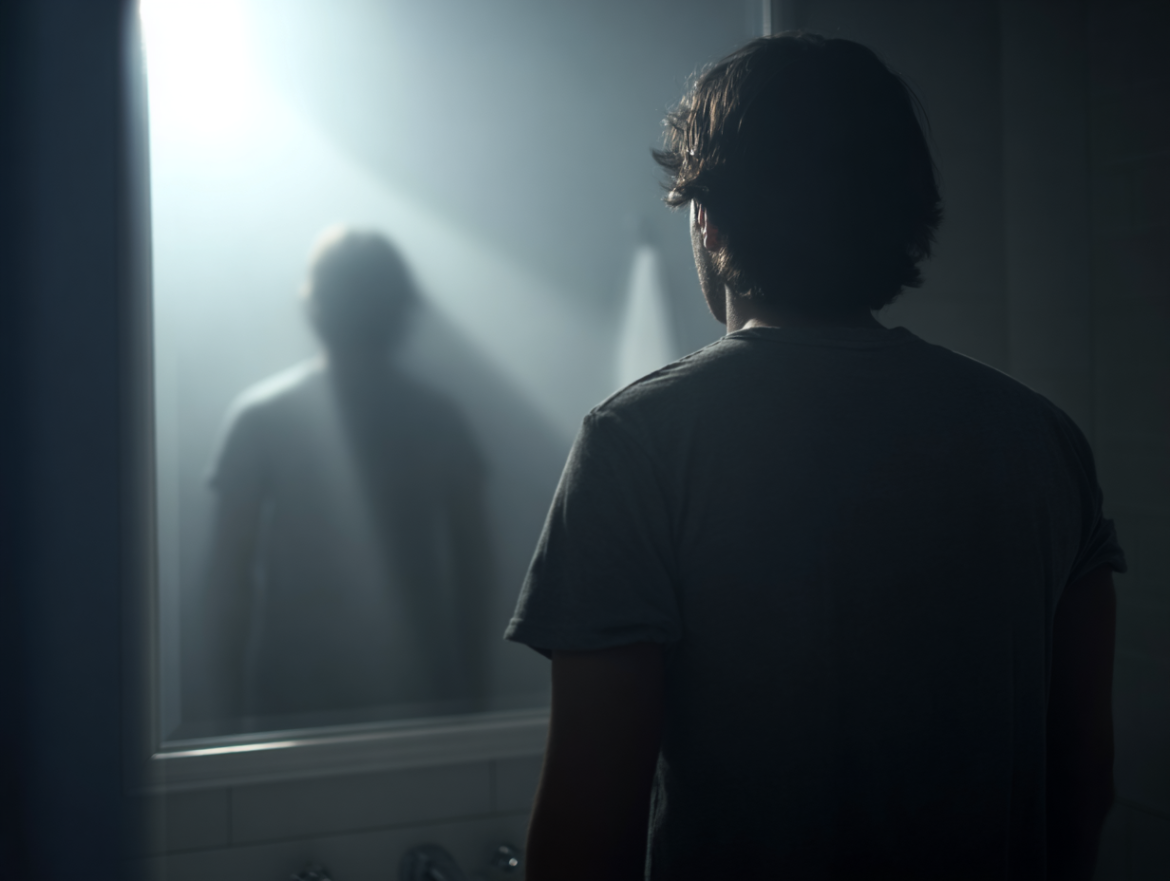Una persona frente a un espejo que refleja a una figura sombría y desconocida, simbolizando el conflicto interno de matar a un extraño en un sueño.