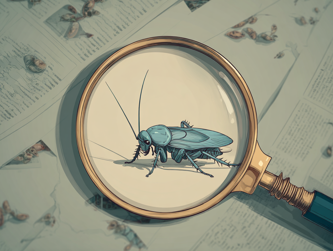 Una cucaracha vista a través de una lupa sobre un fondo oscuro y onírico, simbolizando el análisis del significado de soñar con cucarachas.