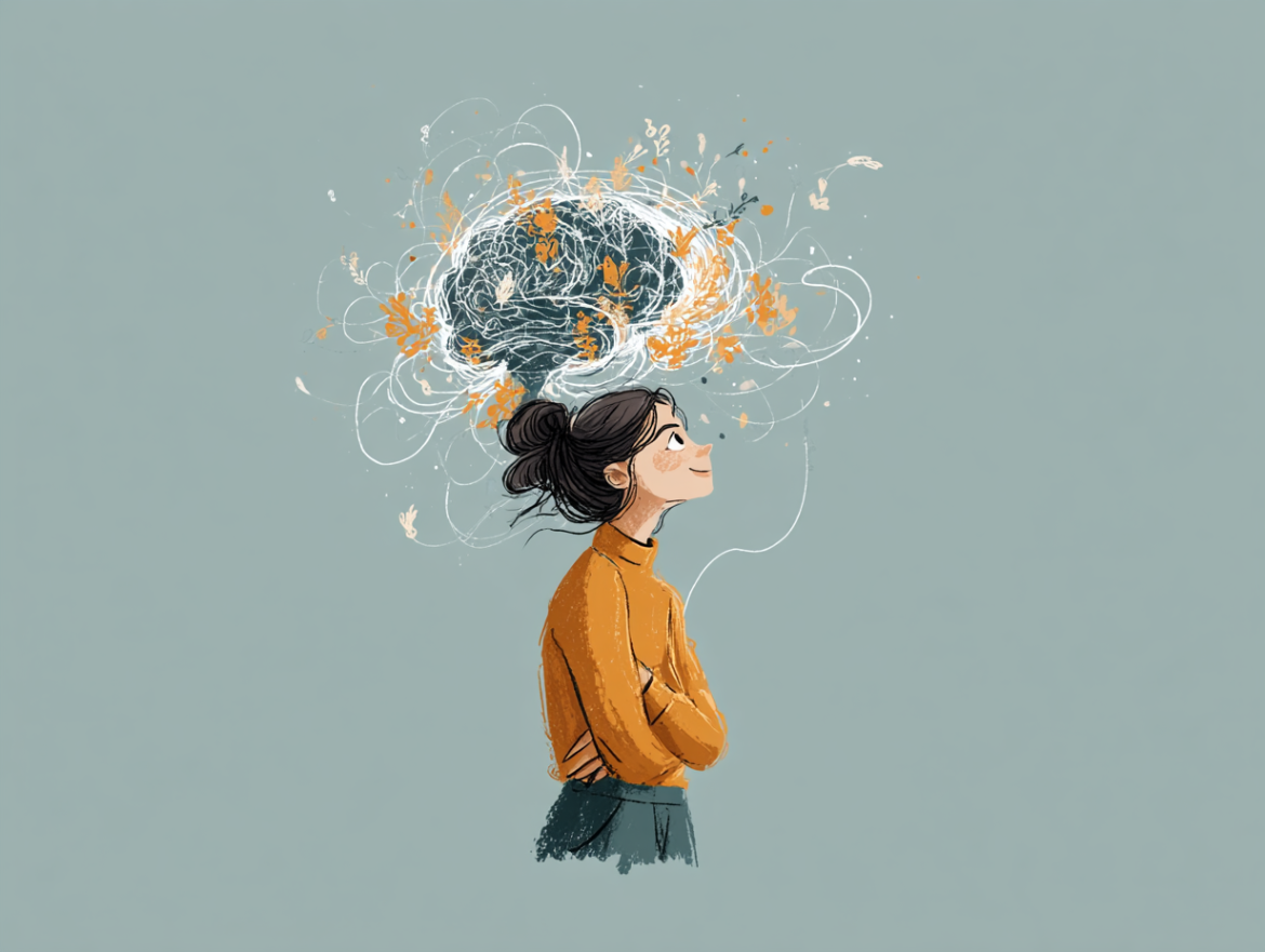 Un cerebro iluminado del que brotan plantas y flores, simbolizando la conexión entre el significado de soñar con embarazo y el florecimiento de la creatividad.