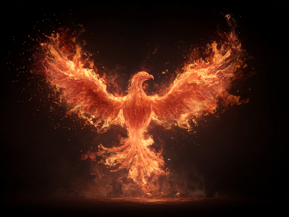 Un ave fénix resurgiendo de unas llamas intensas, simbolizando la dualidad de destrucción y renacimiento al soñar con fuego.