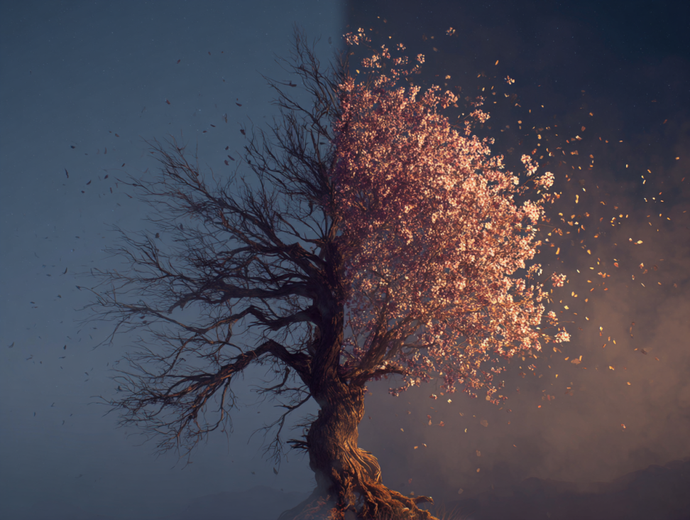 Un árbol seco en una mitad y floreciendo en la otra, simbolizando la transformación y el renacimiento en los sueños sobre la muerte.