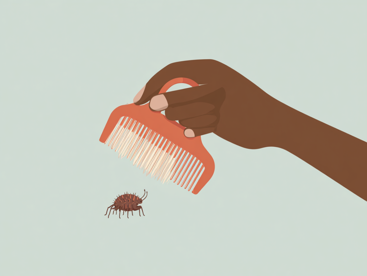 Una mano pasando un peine antipiojos por un mechón de pelo, simbolizando la acción de eliminar problemas al soñar con matar piojos.
