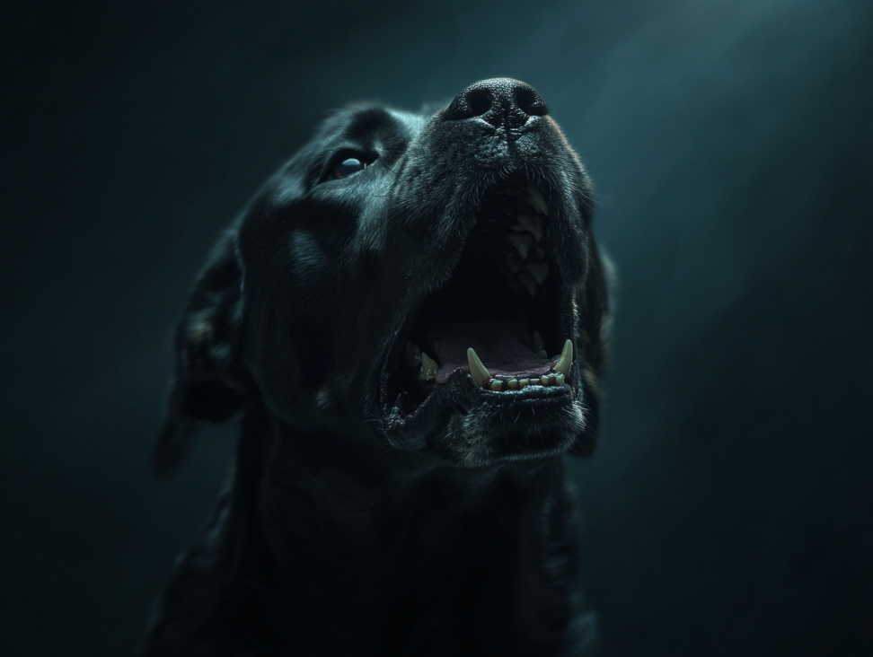 Un perro negro grande mostrando los dientes con agresividad en un entorno oscuro y onírico, simbolizando el miedo a la traición.