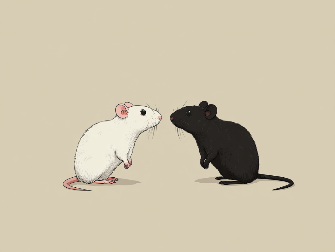 Una rata blanca y una rata negra enfrentadas, simbolizando la dualidad del significado de soñar con ratas de colores.
