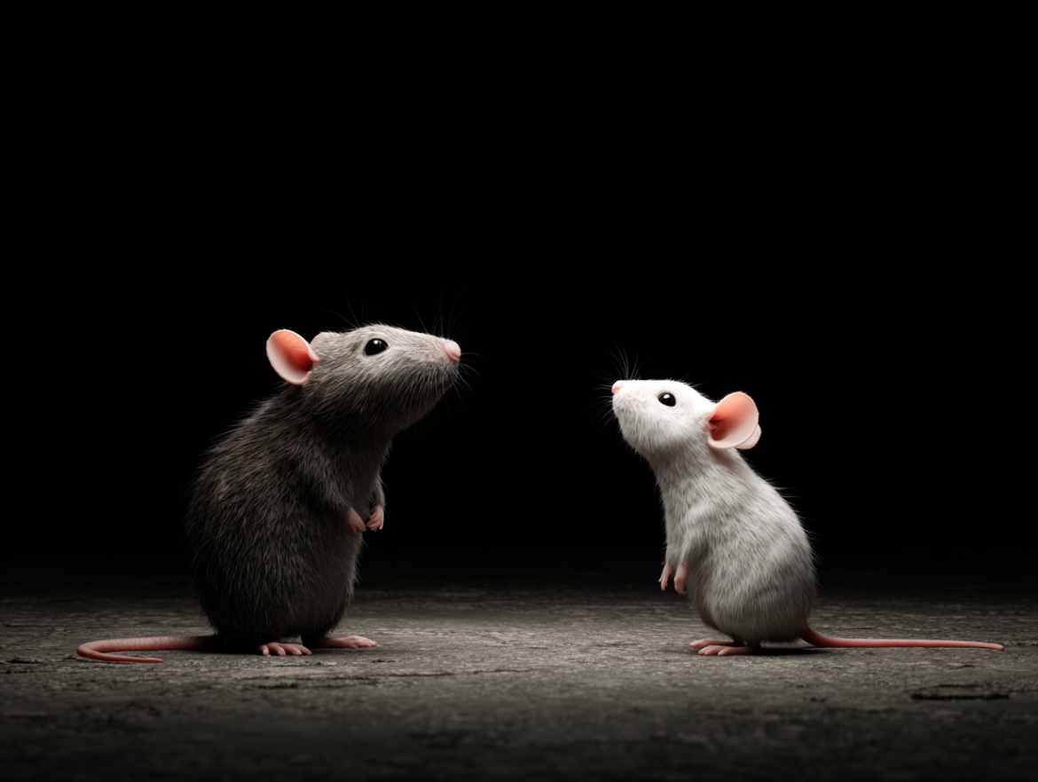 Una rata y un ratón mirándose sobre un fondo oscuro y onírico, simbolizando el significado de soñar con ratas y ratones.