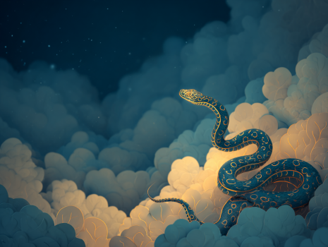 Una serpiente mística emergiendo de un fondo onírico, simbolizando la dualidad del significado de soñar con serpientes: peligro y sabiduría.