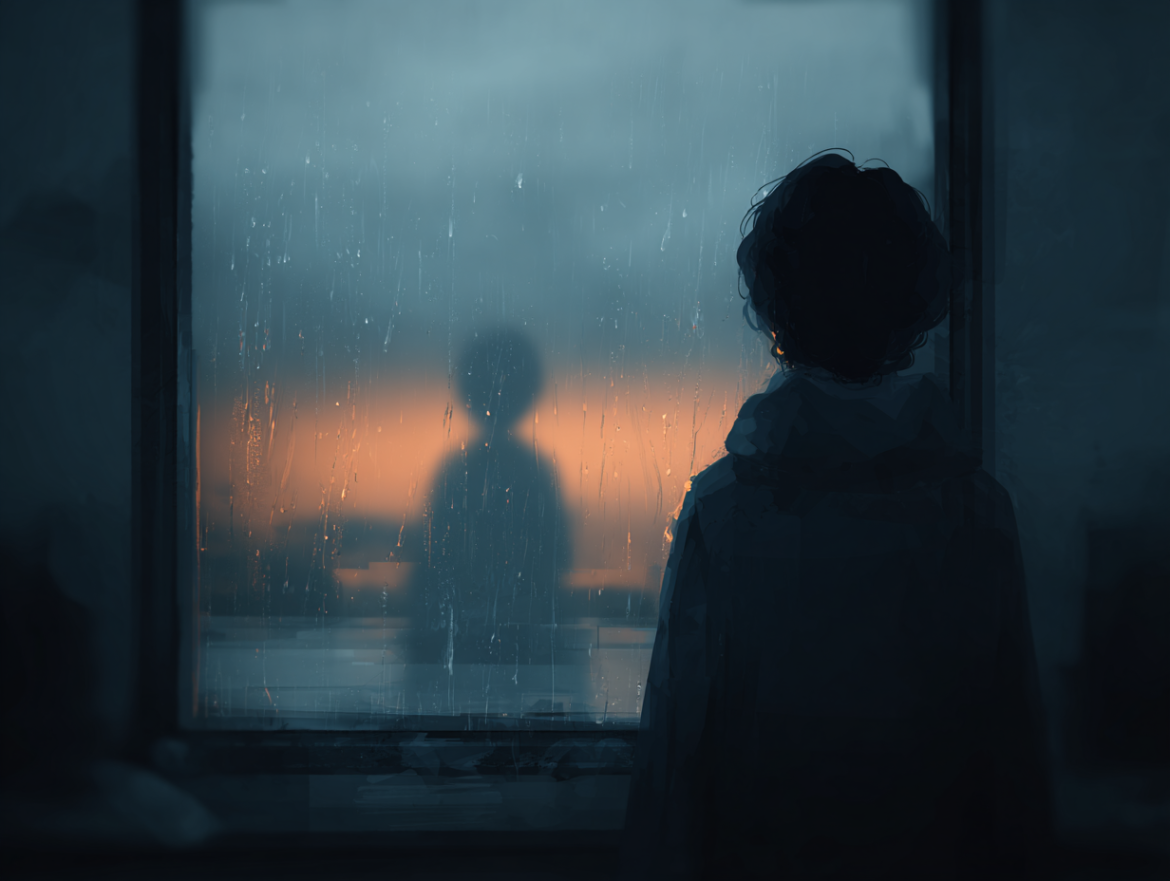 Una persona mirando por una ventana lluviosa, viendo el reflejo borroso de una figura del pasado, simbolizando el significado de soñar con un ex.
