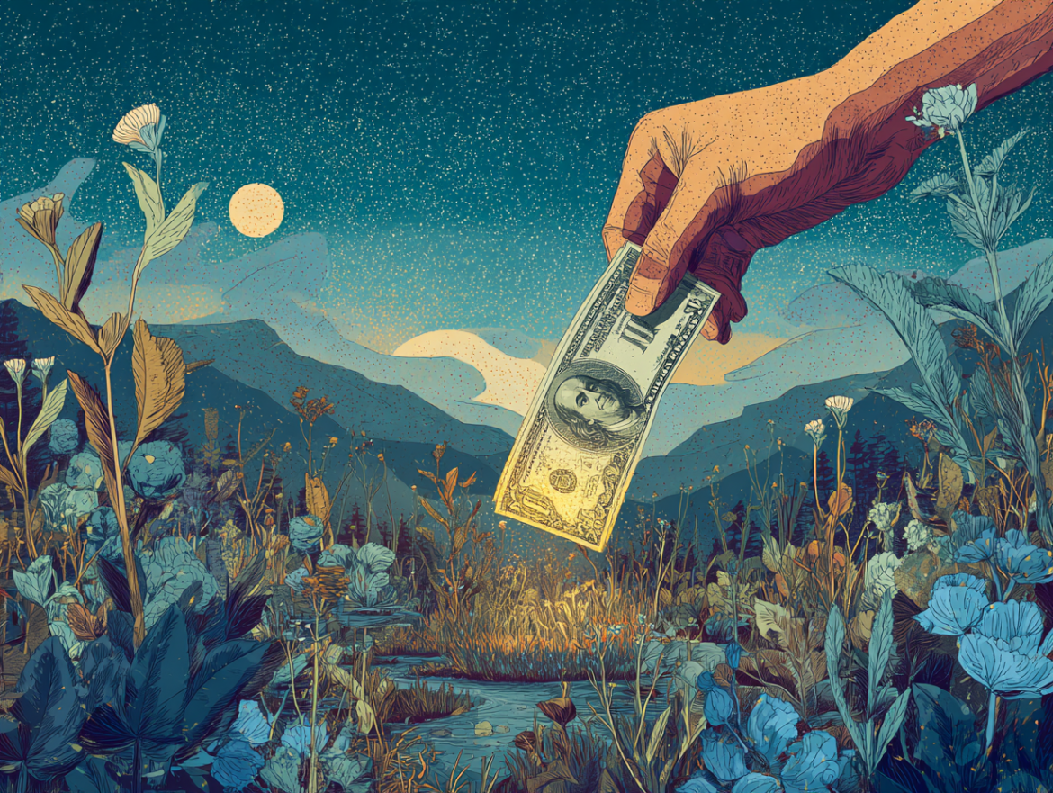 Una mano recogiendo un billete brillante del suelo en un paisaje de ensueño, simbolizando el significado de soñar que encuentras dinero.