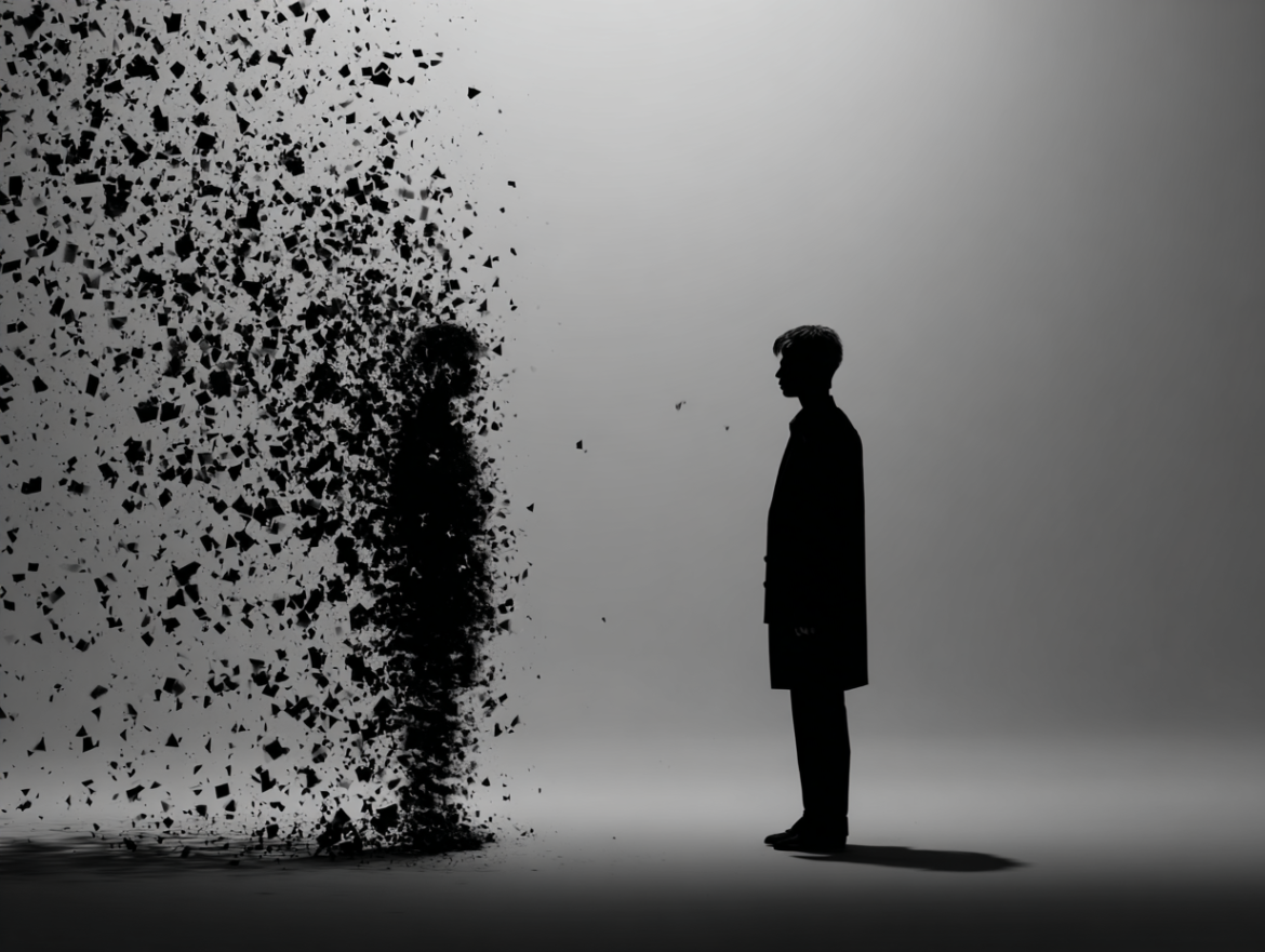 Una silueta de una persona frente a otra que se desvanece en fragmentos, simbolizando el fin de una etapa al soñar que matas a alguien.