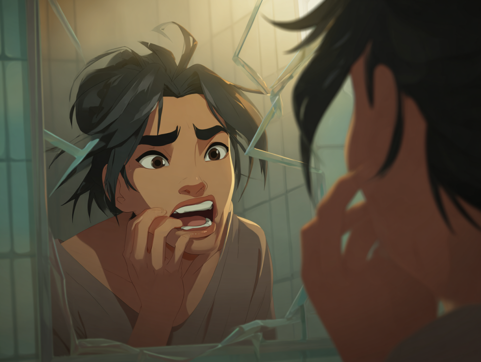 Una persona mirándose en un espejo roto con la boca entreabierta, reflejando la angustia de soñar que se te caen los dientes.