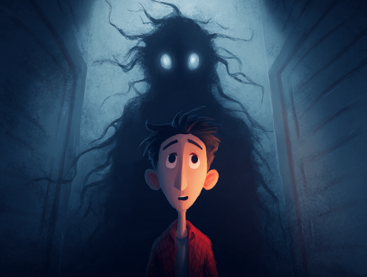 Una figura corriendo a cámara lenta en un paisaje onírico oscuro, simbolizando el soñar que te persiguen y no puedes correr.