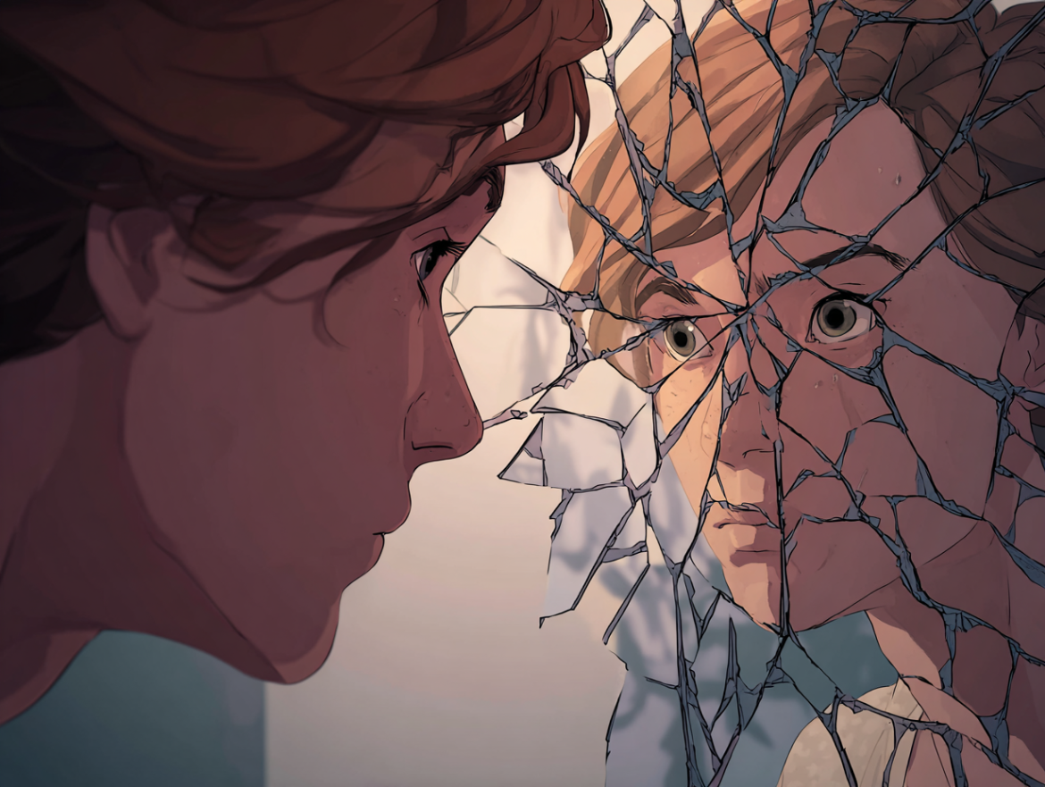 Una persona mirando su reflejo distorsionado en un espejo roto, simbolizando que soñar con infidelidad es un reflejo de los propios miedos.