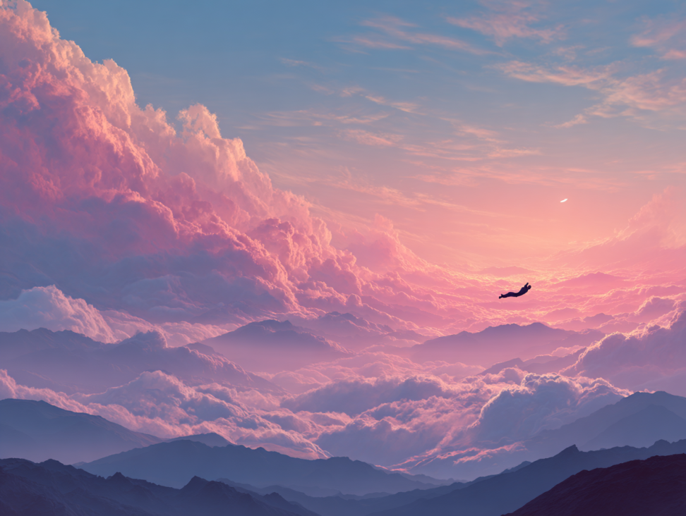 Una persona volando libremente sobre un paisaje de nubes y montañas, simbolizando el significado de soñar que vuelas.