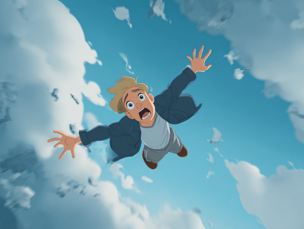 Una persona en el aire, comenzando a caer desde el cielo, con una expresión de miedo, simbolizando el significado de soñar que te caes mientras vuelas.