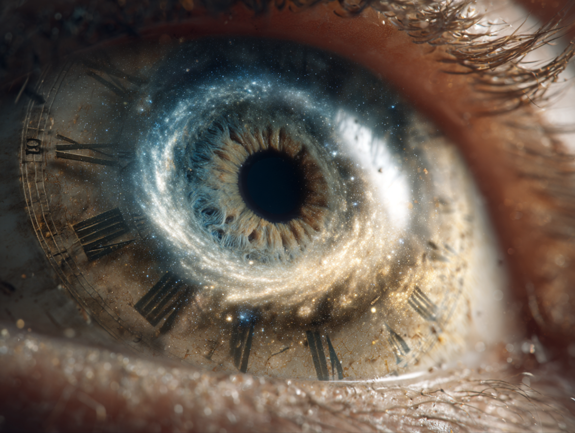 Un ojo humano fusionado con un reloj y una galaxia, simbolizando la percepción del tiempo y el futuro en los sueños premonitorios.