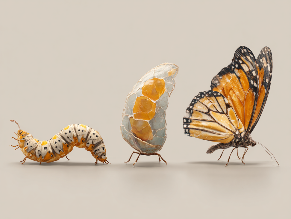 Una oruga transformándose en crisálida y luego en mariposa, simbolizando el proceso de muerte y renacimiento en los sueños.